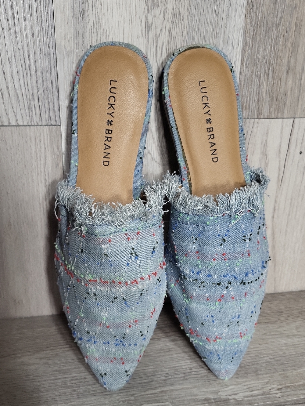 Lucky Brand Denim Embroidered Pointed Toe Mule Flats Frayed Trim Slip On Shoes - Picture 3 of 6